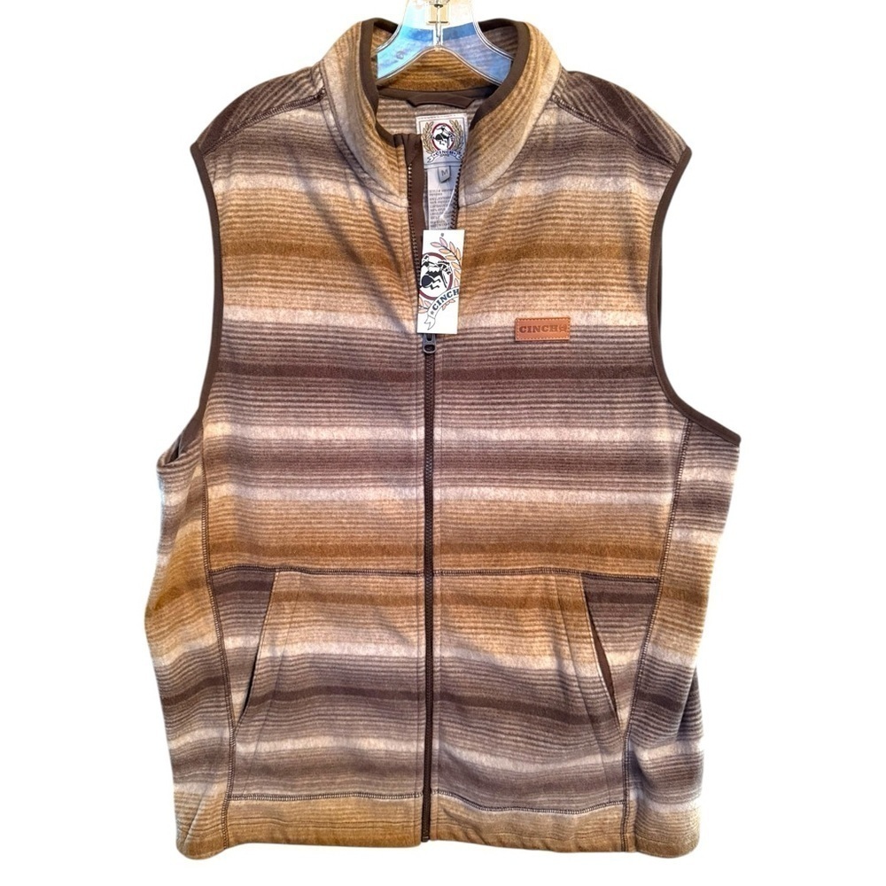 ▶️ Cinch ◀️ Men's Striped Western Polar Fleece Full Zip Vest - Brown. Medium - Picture 2 of 14